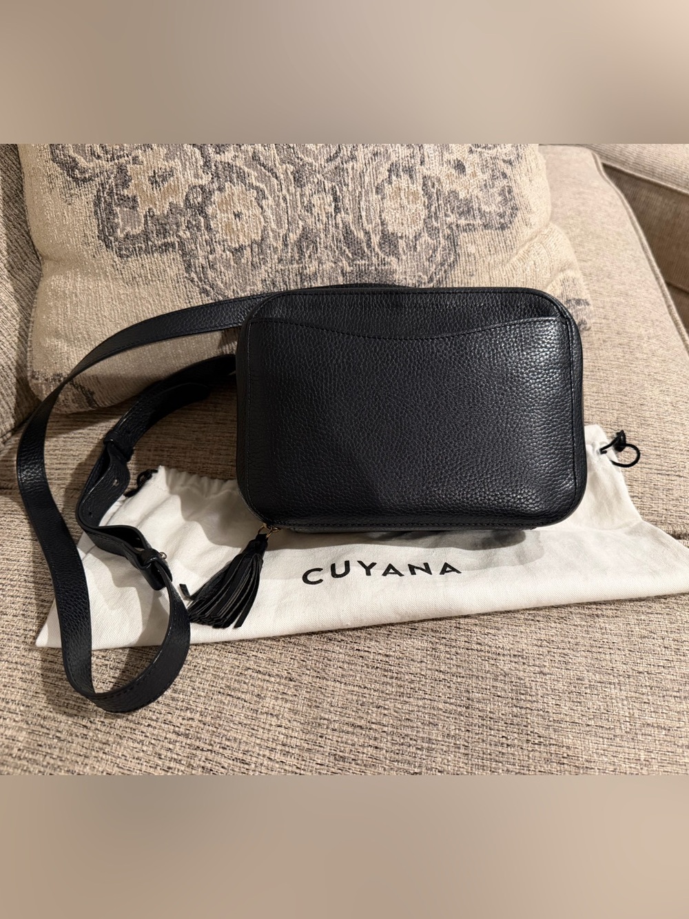 Cuyana Mini Bag Black Pebbled Leather Crossbody Tassel with Dust Bag EUC